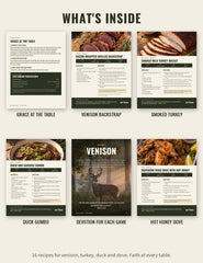 What is inside the Blessed Harvest wild game cookbook: grace at the table, venison backstrap, smoked turkey, duck gumbo, devotions and hot honey dove