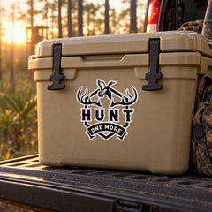 Hunt One More Logo Decal on a hunting cooler