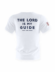 The Lord Is My Guide® white tri-blend tee, back print – Hunt One More