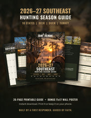 2026–27 Southeast Hunting Season Guide pages for 10 states with deer, duck and turkey dates and bonus 11x17 poster