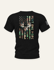 Black Stripes and Antlers Camo hunting tee, back view with camo American flag and buck skull print
