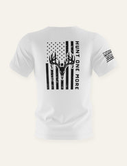 White Stripes and Antlers hunting tee, back view with distressed American flag and buck skull print