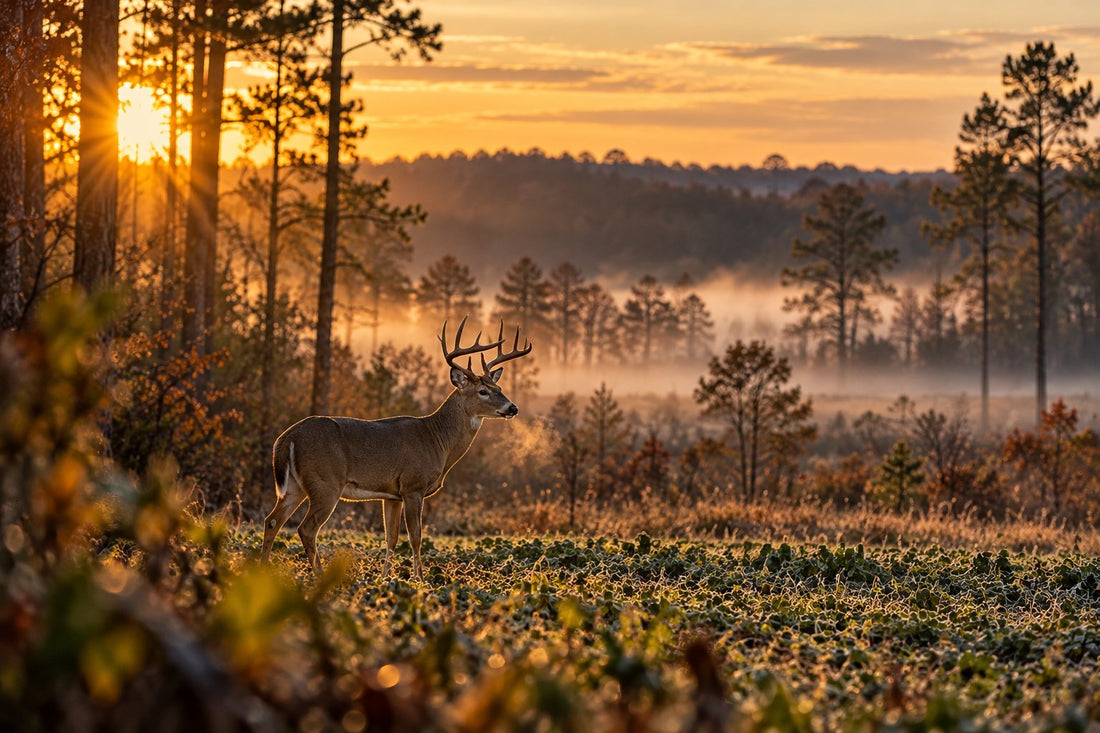 Whitetail buck at the edge of a frosty Alabama pine food plot at sunrise during deer season
