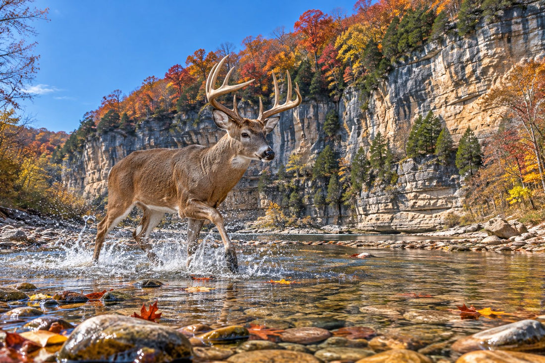 Whitetail buck splashing across a clear Ozark creek below a limestone bluff in fall during Arkansas deer season