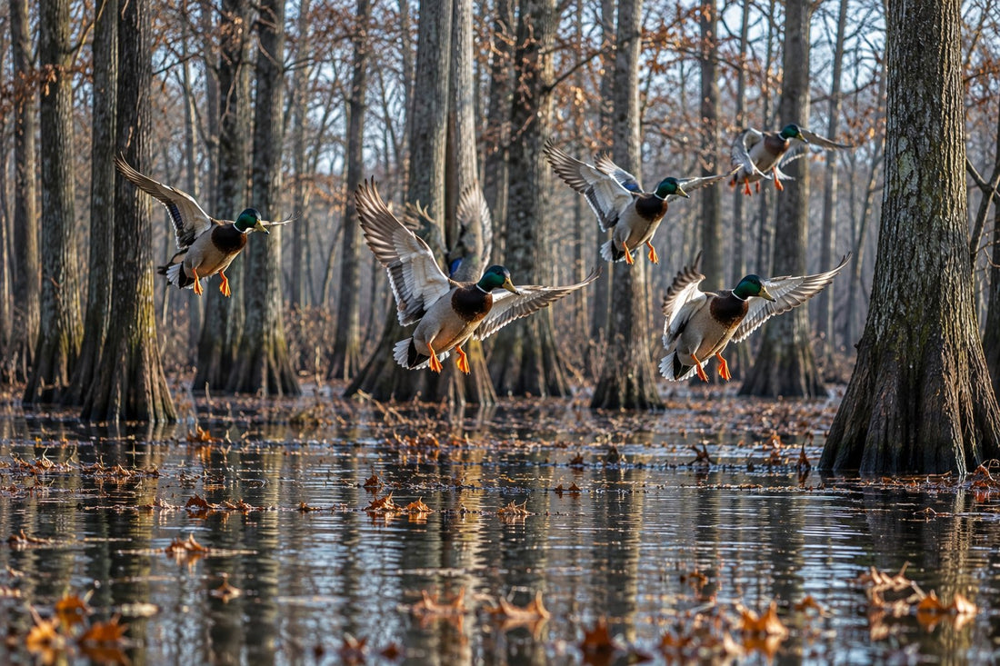 Mallards landing through flooded green timber on an Arkansas duck hunt