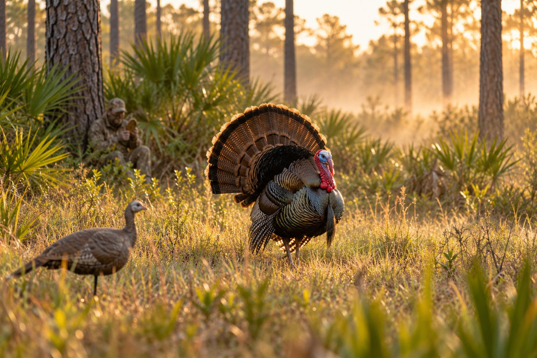 Osceola gobbler strutting in a Florida pine flatwoods clearing at sunrise, with a hunter and hen decoy in the background