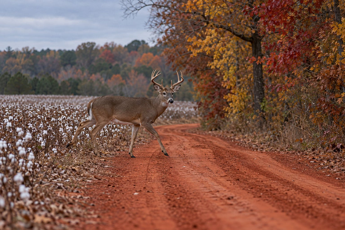 Whitetail buck crossing a red clay road between a Georgia cotton field and fall hardwoods during deer season
