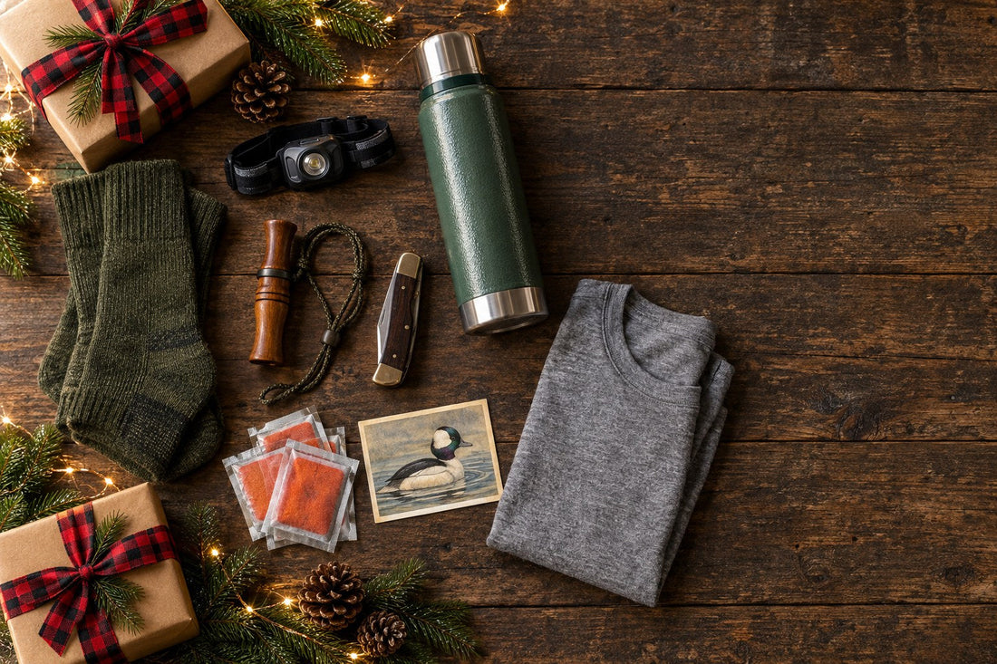 Christmas flat lay of hunting gifts under $50: boot socks, headlamp, thermos, grunt call, pocket knife, hand warmers, duck stamp and a gray tee