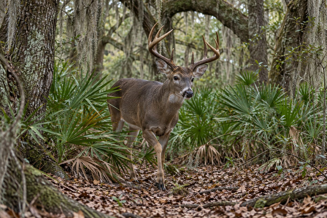 Whitetail buck walking through palmetto under Spanish moss-draped live oaks in a Louisiana bottomland forest