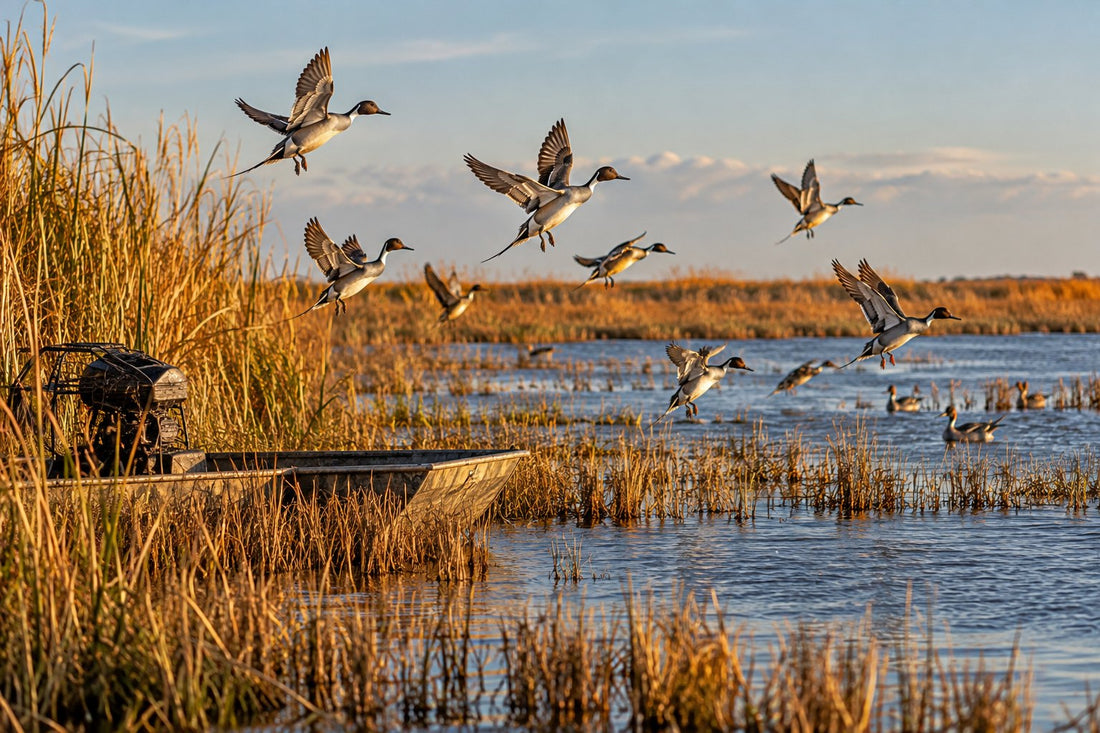 Pintails flying over a south Louisiana coastal marsh beside a mud boat in golden light