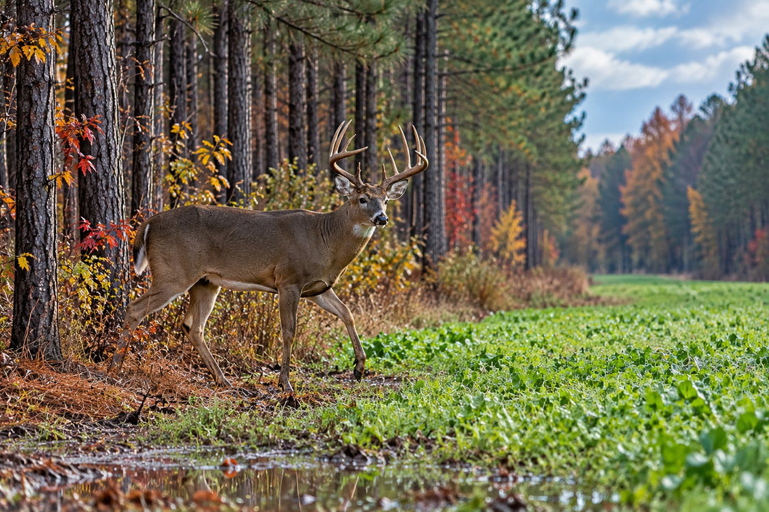 Whitetail buck stepping out of pine rows into a green food plot during Mississippi deer season