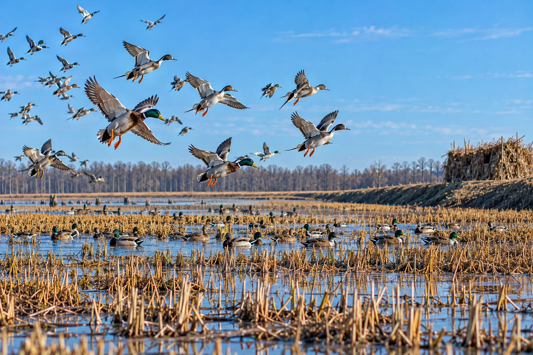 Mallards and pintails landing over a decoy spread in a flooded Mississippi Delta rice field beside a levee and brush blind