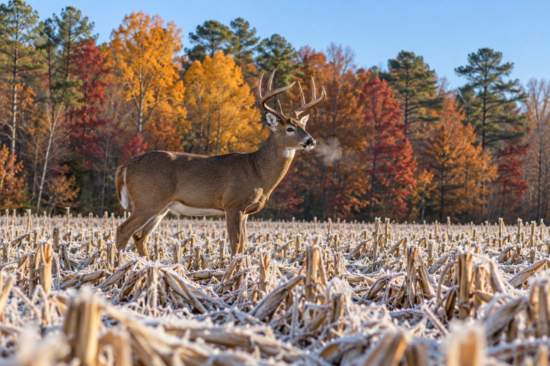 Whitetail buck standing in a frosted North Carolina cornfield with fall hardwoods behind