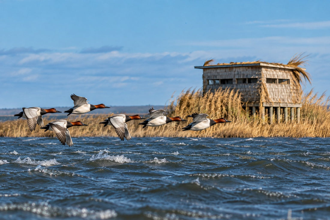 Canvasbacks flying low over a windy North Carolina sound past a cedar duck blind