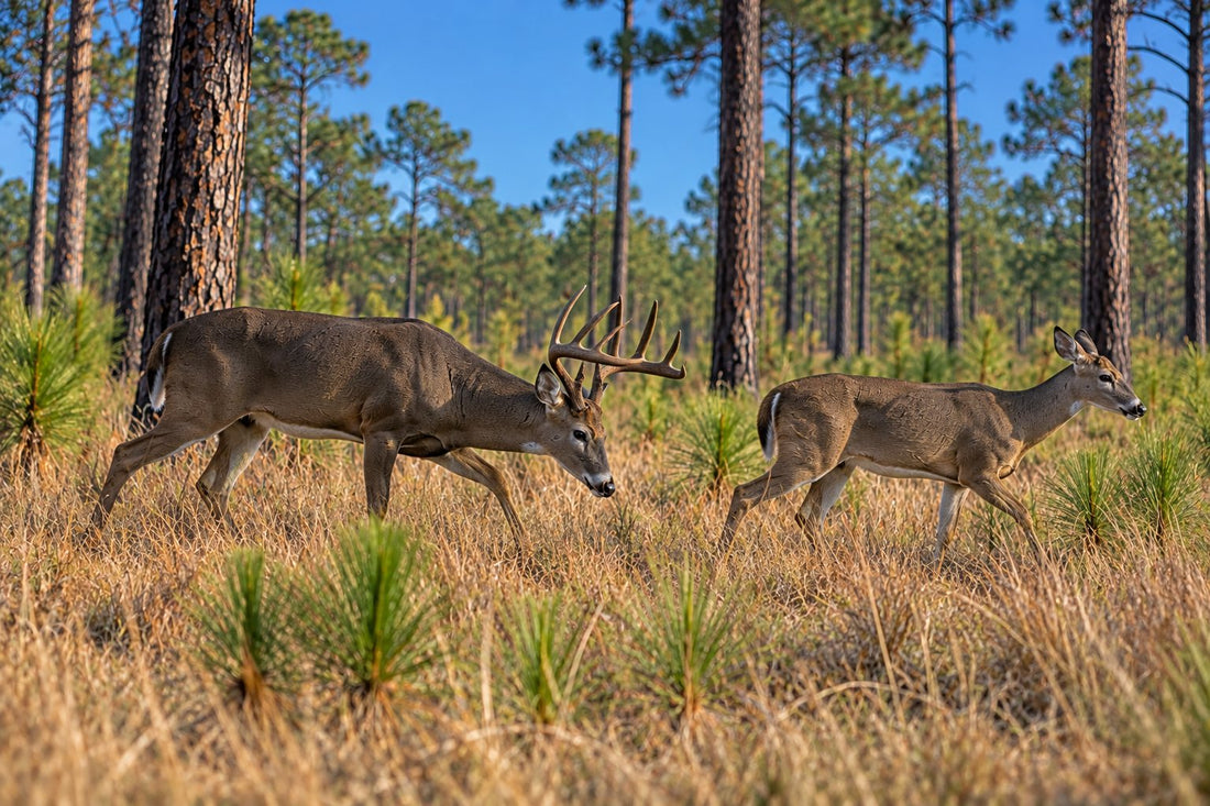Rutting whitetail buck trailing a doe through a South Carolina longleaf pine savanna