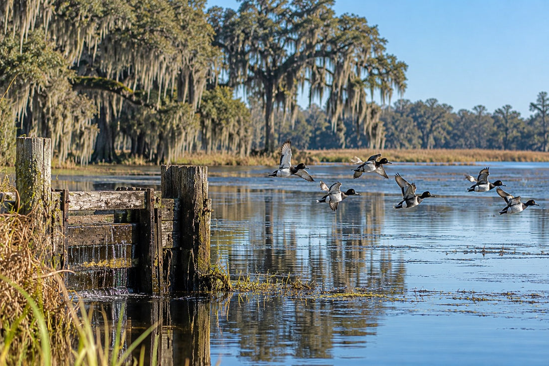Diving ducks flying low past a wooden rice trunk on a South Carolina Lowcountry rice-field impoundment