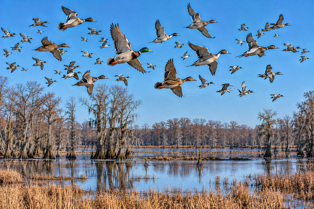 Flight of mixed ducks, mallards, pintails and teal, over a cypress river bottom during Southeast duck season