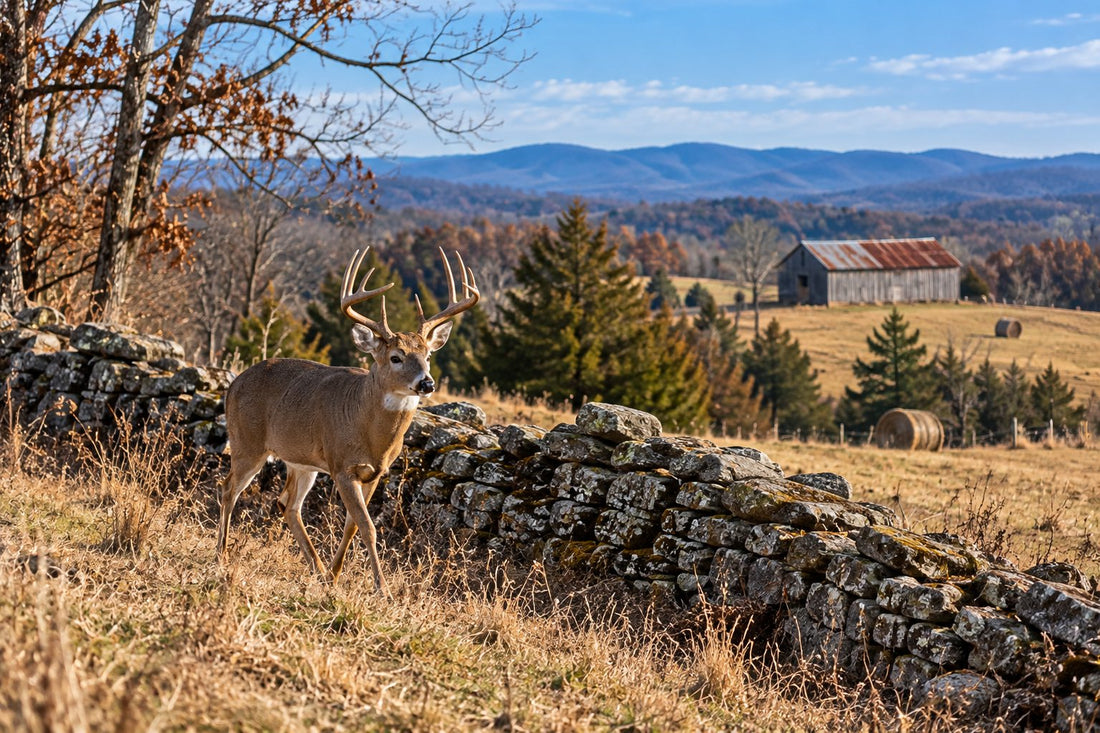 Whitetail buck walking along a limestone rock wall on a Middle Tennessee farm during deer season