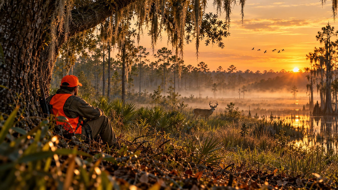 Hunter in blaze orange sitting under a mossy live oak at sunrise watching a whitetail buck in a misty Southeast swamp