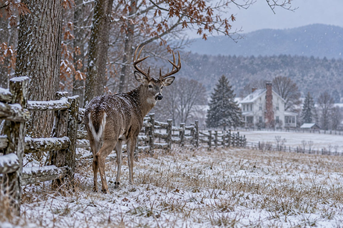Whitetail buck by a split-rail fence in the first snow on a Virginia farm during deer season