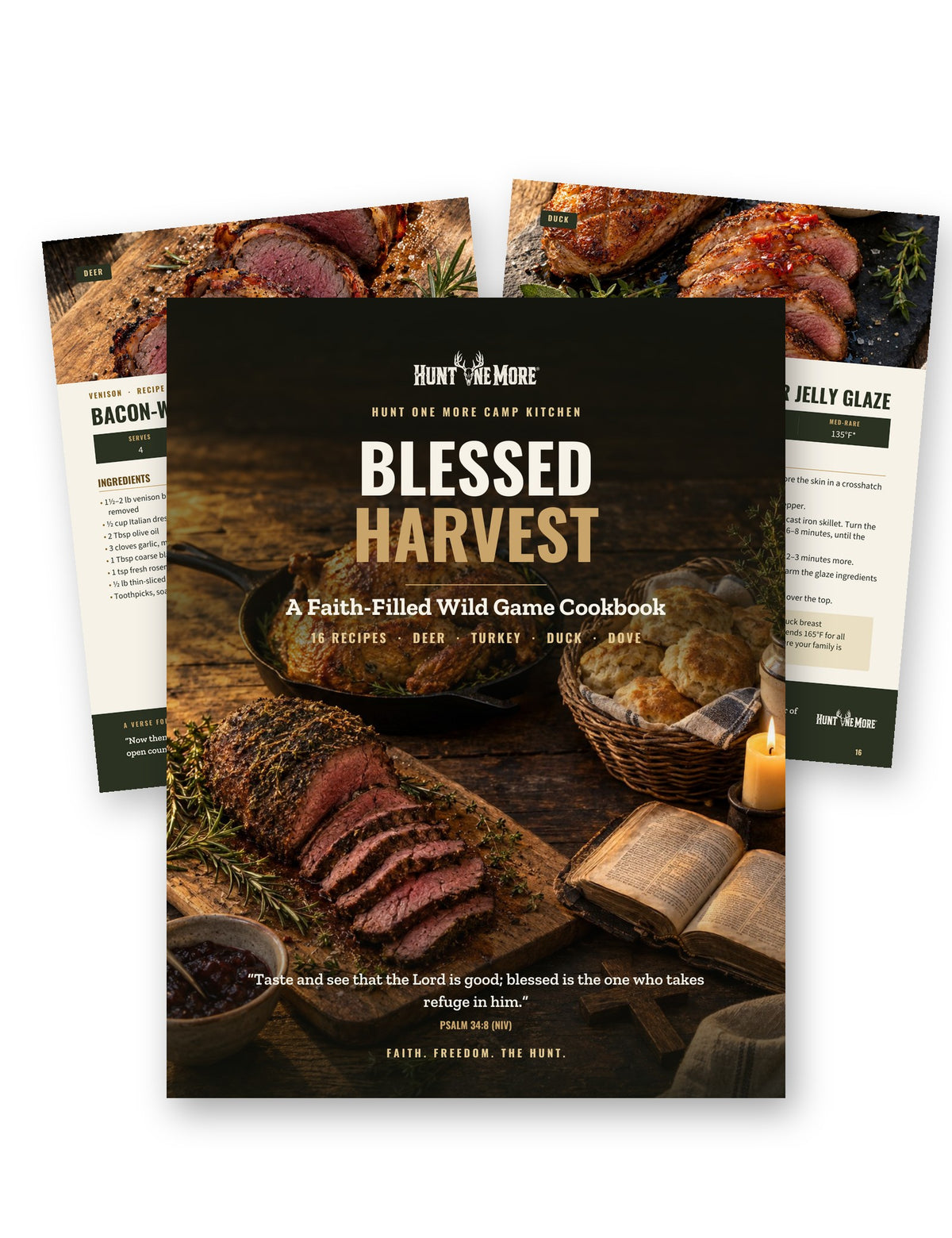 Blessed Harvest faith-filled wild game cookbook PDF cover with venison and duck recipe pages on a white background