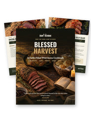Blessed Harvest faith-filled wild game cookbook PDF cover with venison and duck recipe pages on a white background