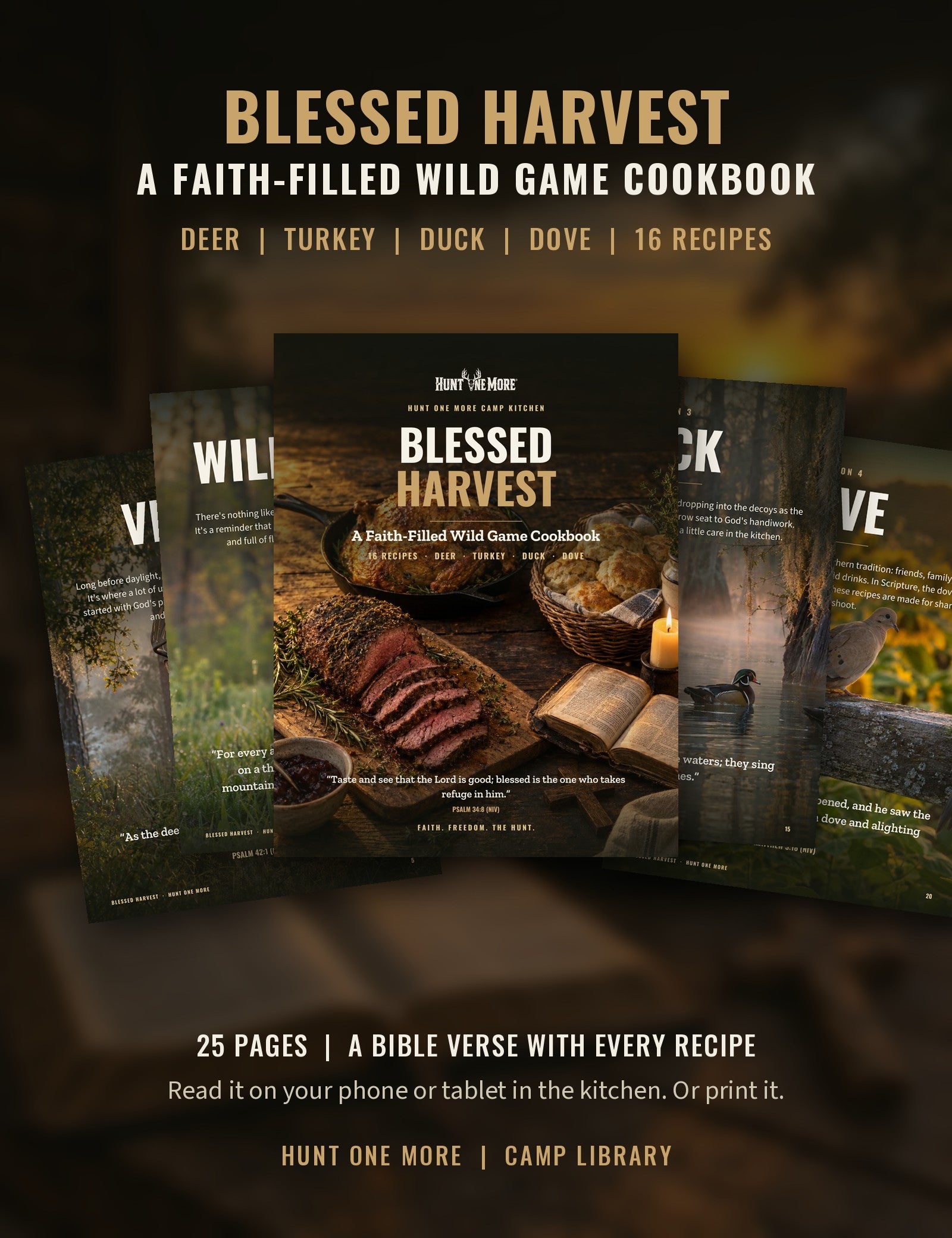 Blessed Harvest cookbook cover with the venison, wild turkey, duck and dove devotion pages fanned out