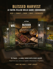 Blessed Harvest cookbook cover with the venison, wild turkey, duck and dove devotion pages fanned out