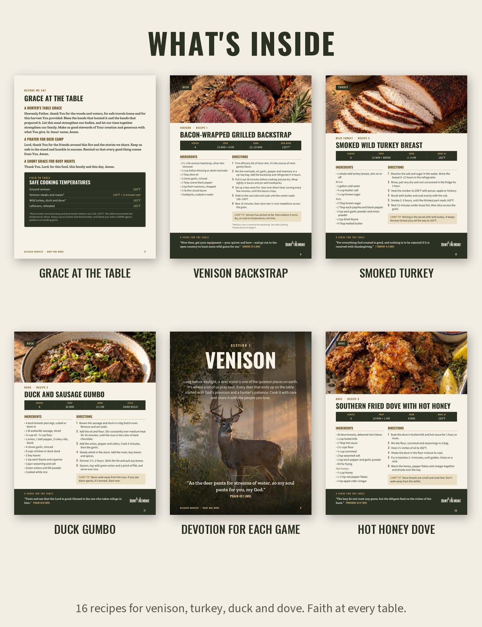 What is inside the Blessed Harvest wild game cookbook: grace at the table, venison backstrap, smoked turkey, duck gumbo, devotions and hot honey dove
