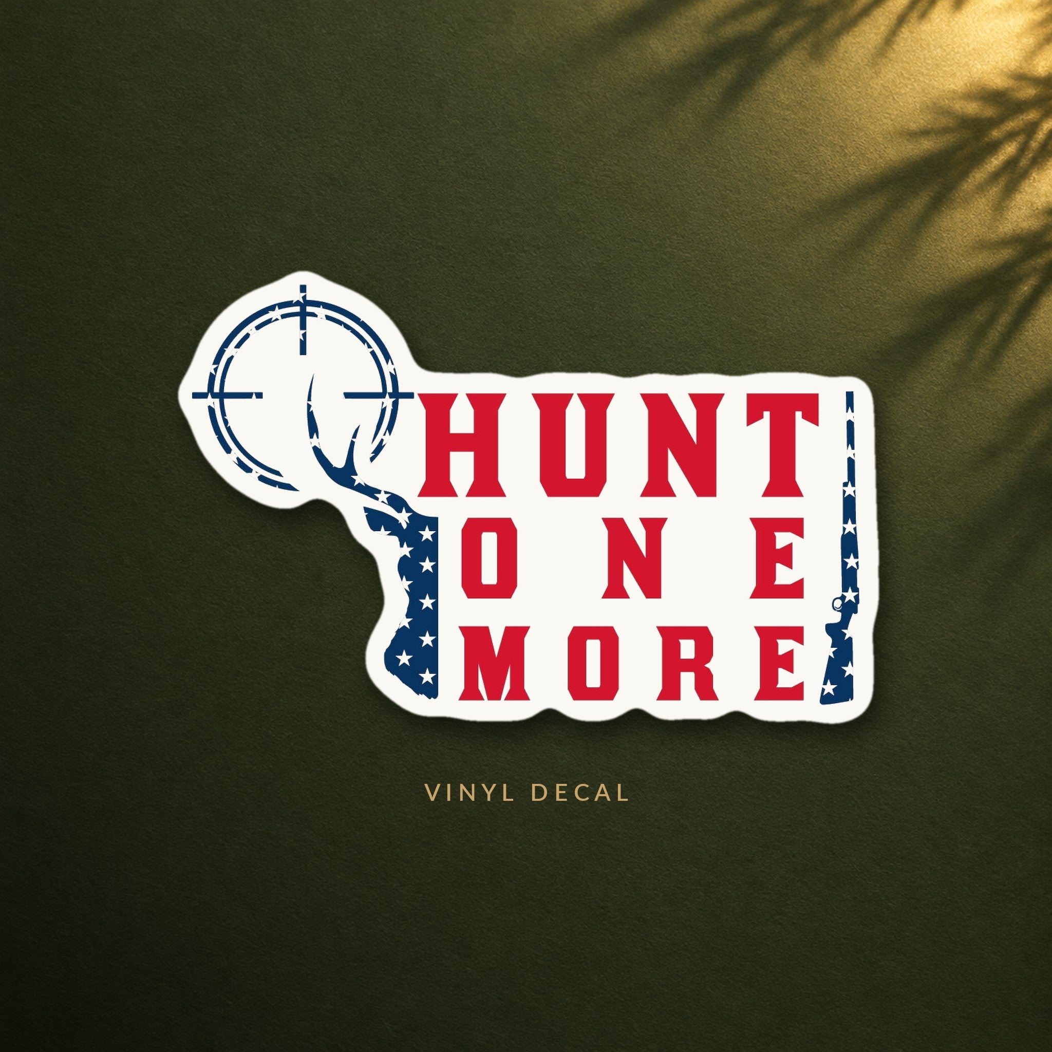 Hunt One More American flag hunting decal with a crosshair and deer antler