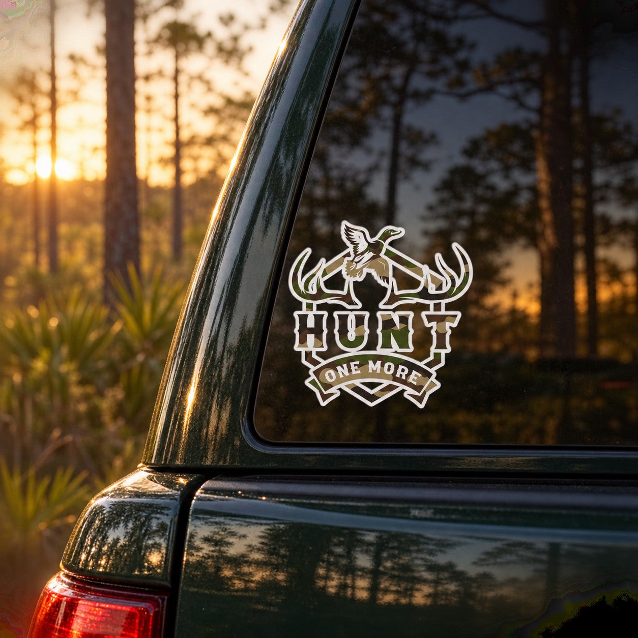 Hunt One More Camo Logo Decal on a pickup truck rear window