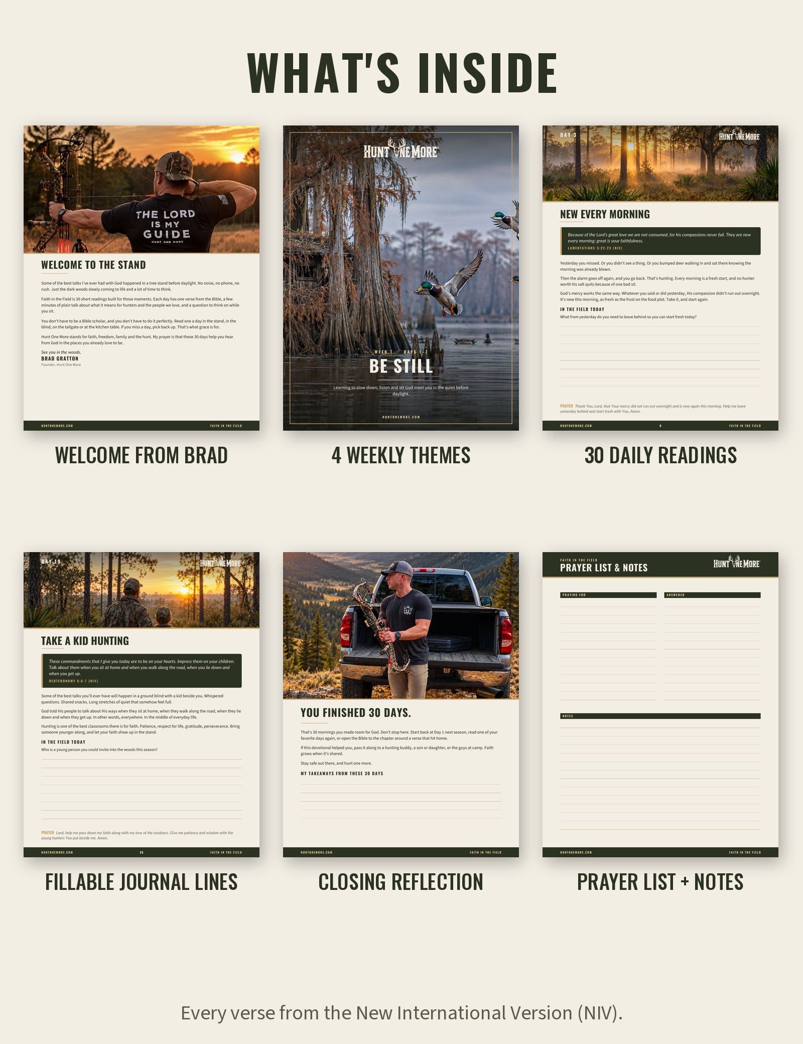 What's inside Faith in the Field: welcome from Brad, 4 weekly themes, 30 daily readings, fillable journal lines, closing reflection and prayer list