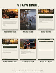 What's inside Faith in the Field: welcome from Brad, 4 weekly themes, 30 daily readings, fillable journal lines, closing reflection and prayer list