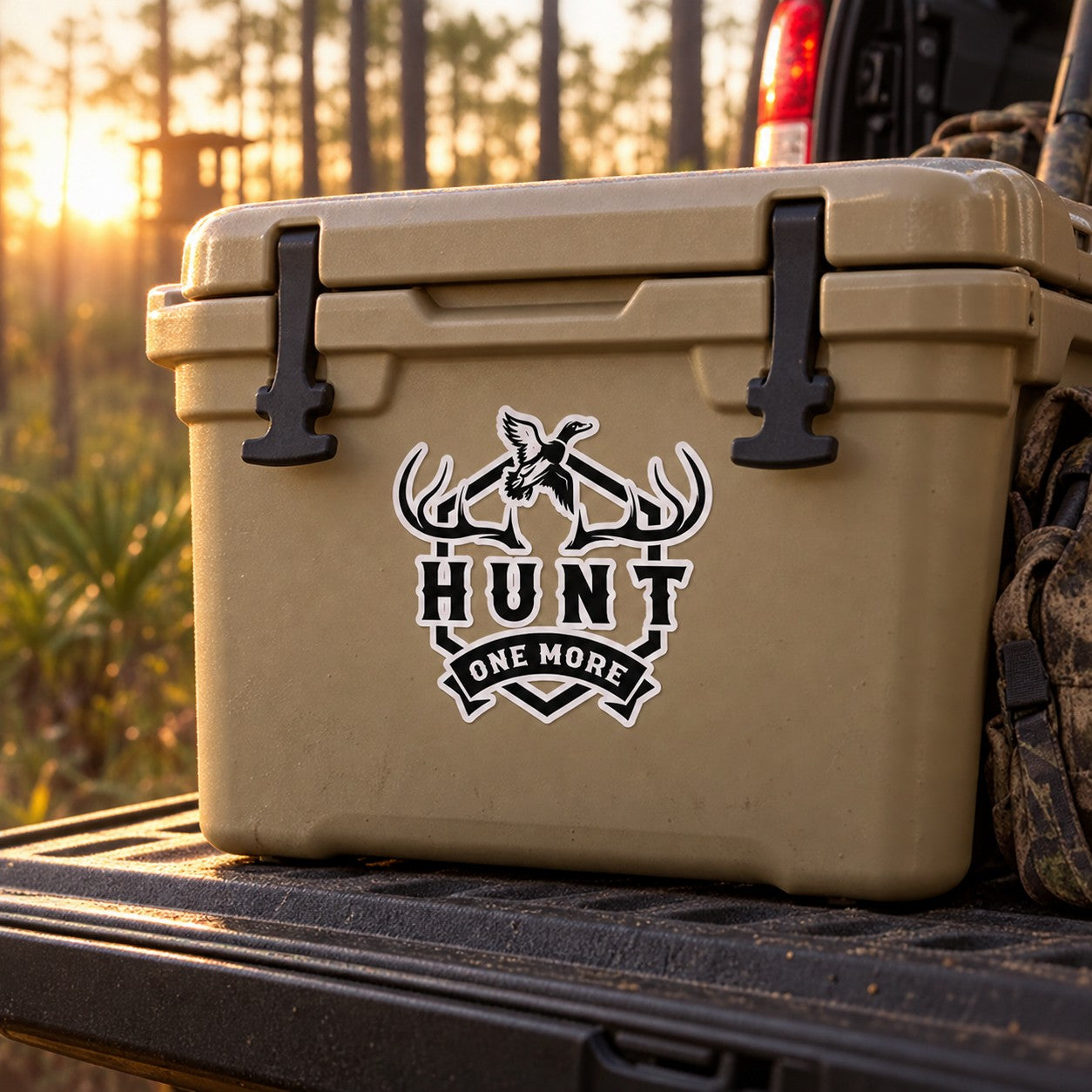 Hunt One More Logo Decal on a hunting cooler
