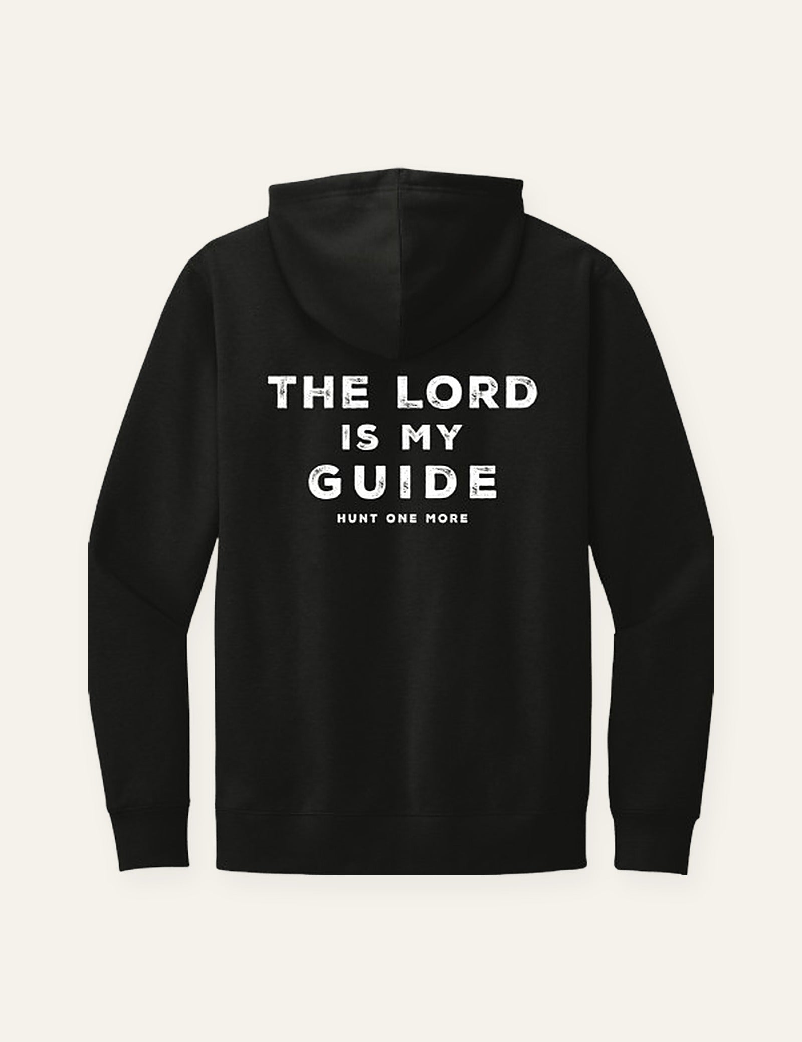 Black The Lord Is My Guide hoodie, back view with The Lord Is My Guide print
