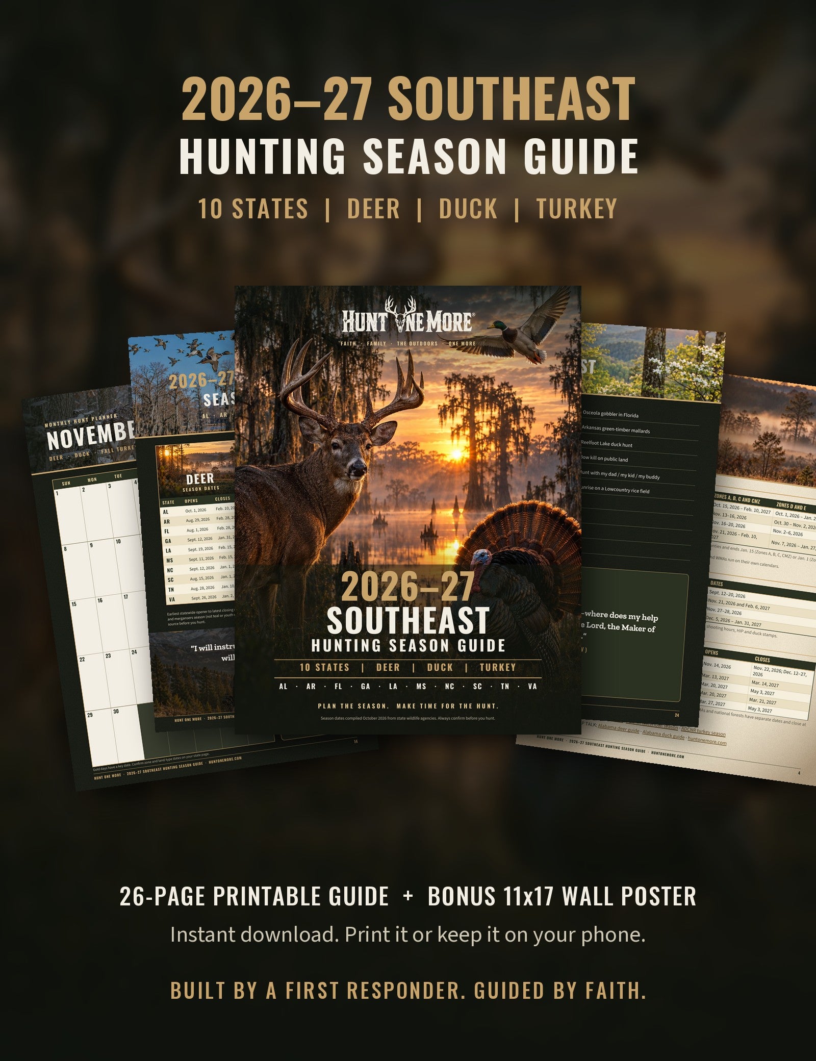 2026–27 Southeast Hunting Season Guide pages for 10 states with deer, duck and turkey dates and bonus 11x17 poster