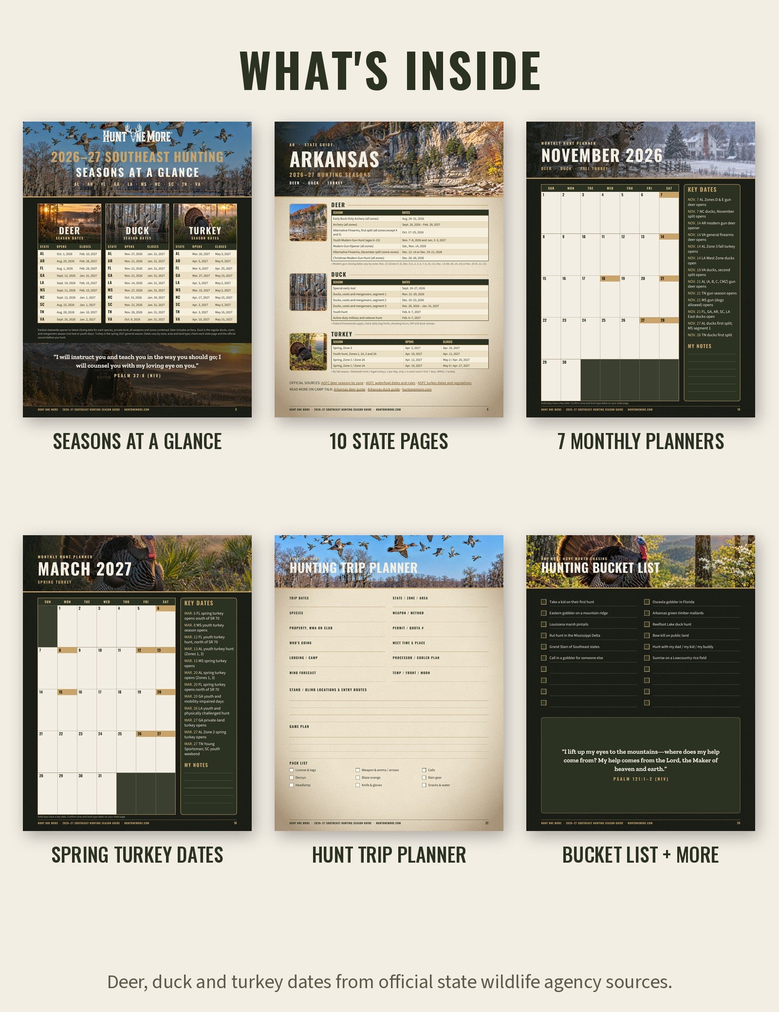 What's inside the Hunt One More season guide: seasons at a glance, state pages, monthly planners, turkey dates, trip planner and bucket list