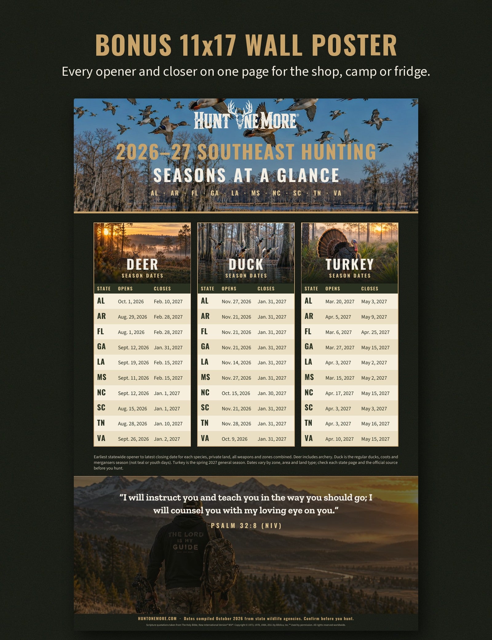 Hunt One More 11x17 Southeast hunting season wall poster with deer, duck and turkey opening and closing dates