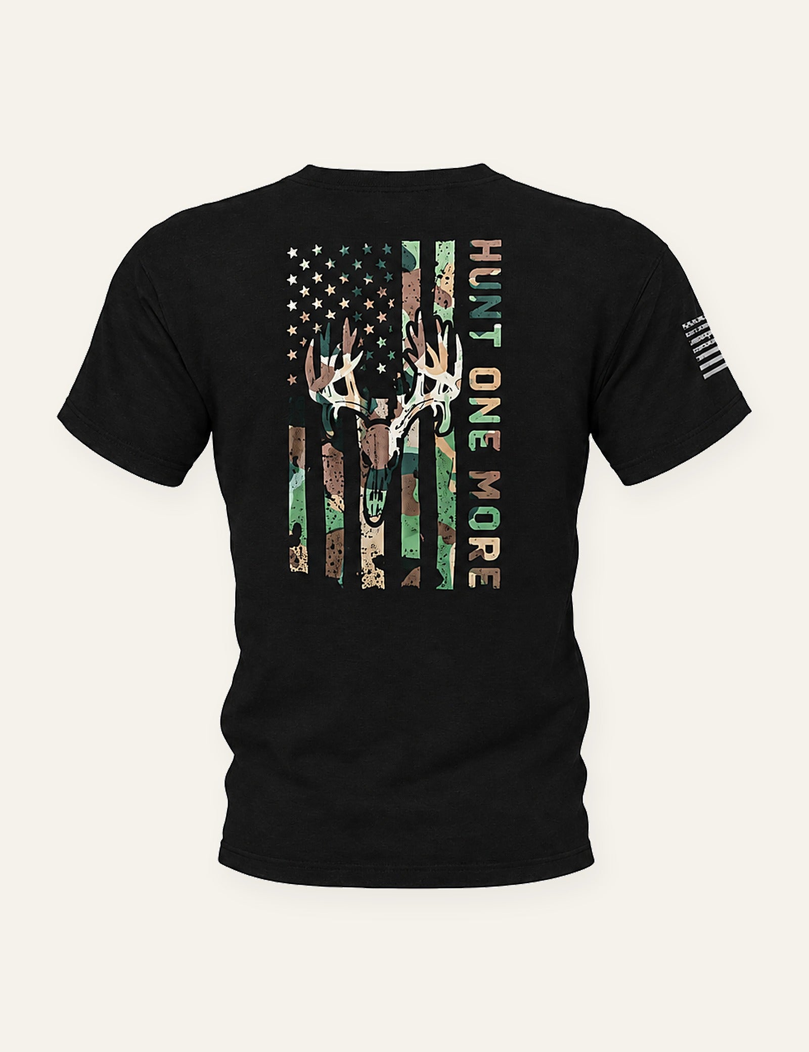 Black Stripes and Antlers Camo hunting tee, back view with camo American flag and buck skull print