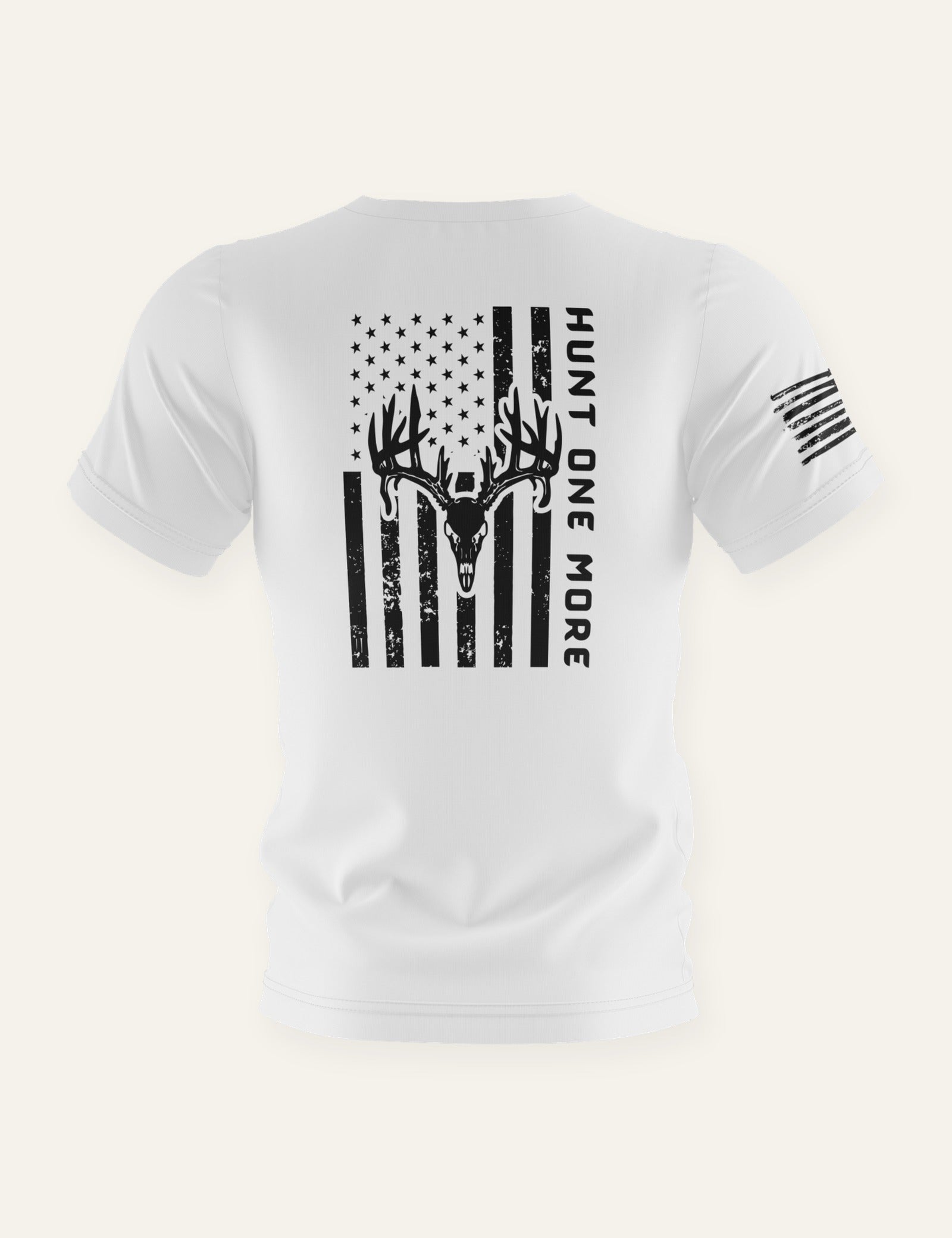 White Stripes and Antlers hunting tee, back view with distressed American flag and buck skull print