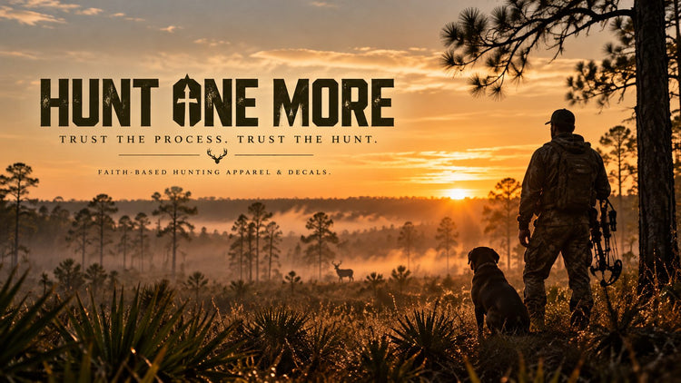 Bowhunter in camo and his dog at sunrise - Hunt One More faith-based hunting apparel and decals