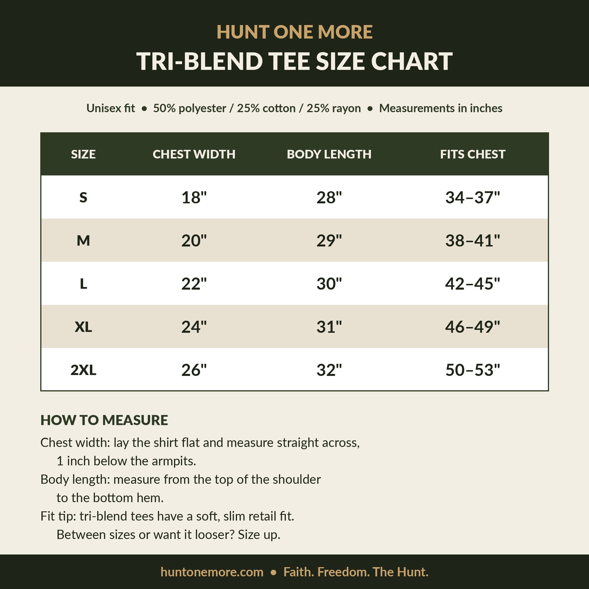 Hunt One More tri-blend tee size chart, sizes S to 2XL, chest width and body length in inches