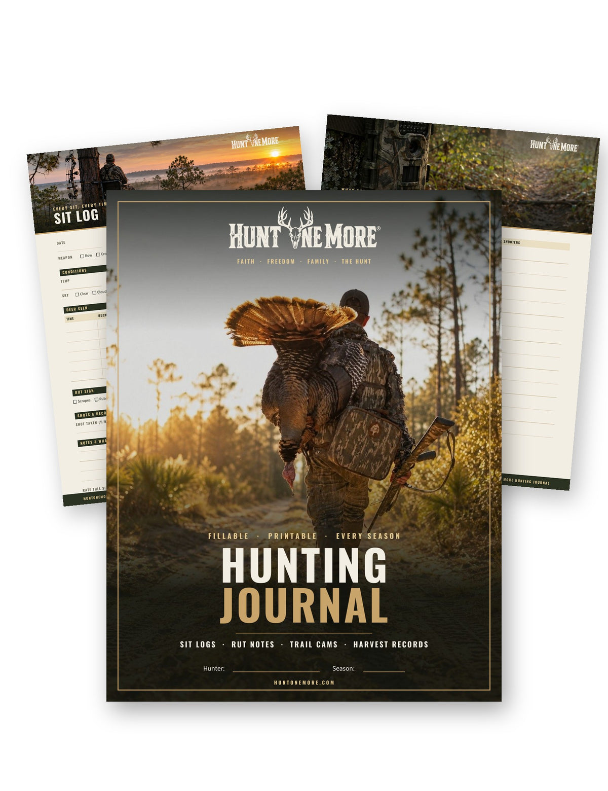 Hunt One More Hunting Journal fillable PDF cover with sit log and trail camera pages on a white background