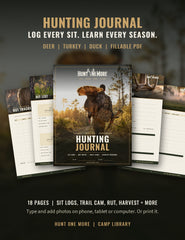 Hunt One More Hunting Journal pages fanned out: hit list, rut tracker, turkey and harvest logs