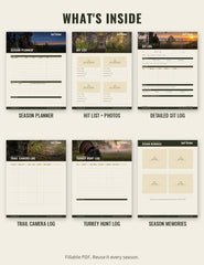 What is inside the Hunt One More Hunting Journal: season planner, hit list, sit log, trail camera log, turkey log and season memories photo page