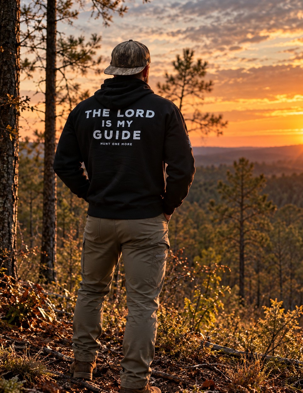 Man wearing the black The Lord Is My Guide® hoodie, back print, overlooking pine woods at sunset – Hunt One More